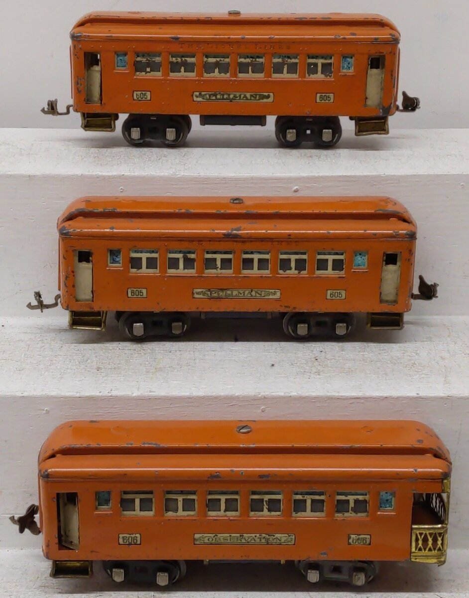 Lionel Vintage O Gauge Prewar Orange Passenger Cars: 606, 605, 605