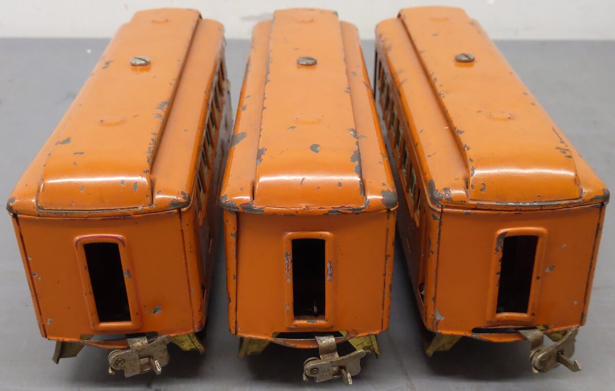 Lionel Vintage O Gauge Prewar Orange Passenger Cars: 606, 605, 605