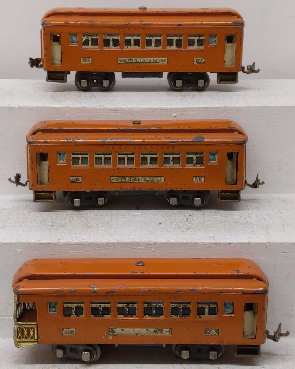 Lionel Vintage O Gauge Prewar Orange Passenger Cars: 606, 605, 605