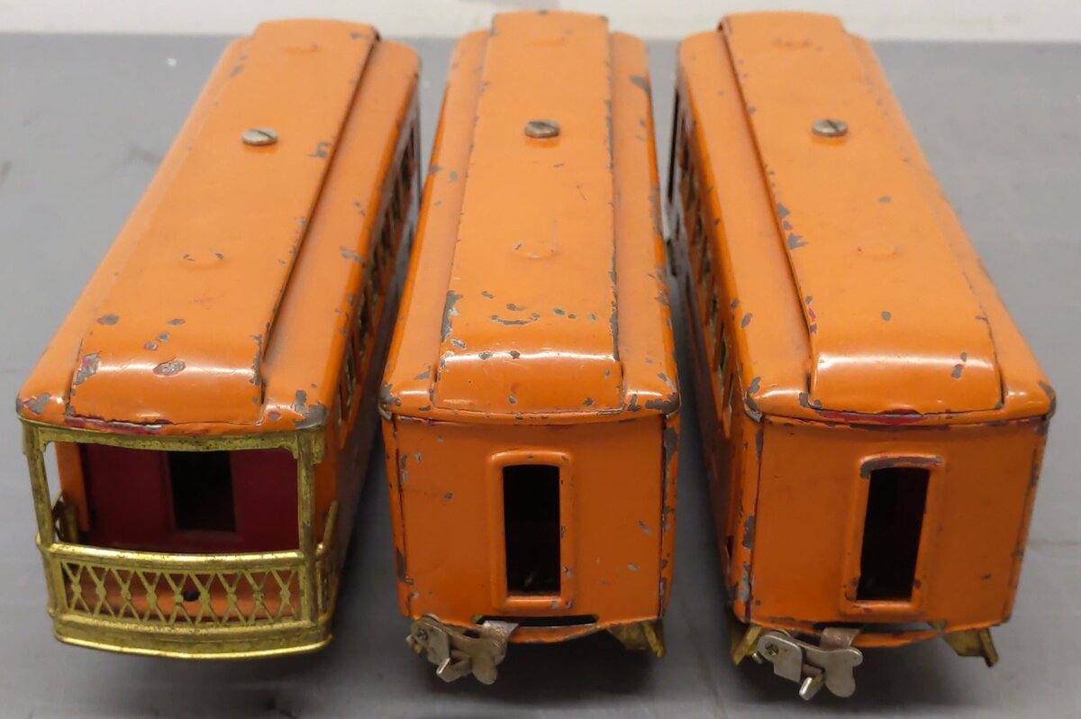 Lionel Vintage O Gauge Prewar Orange Passenger Cars: 606, 605, 605