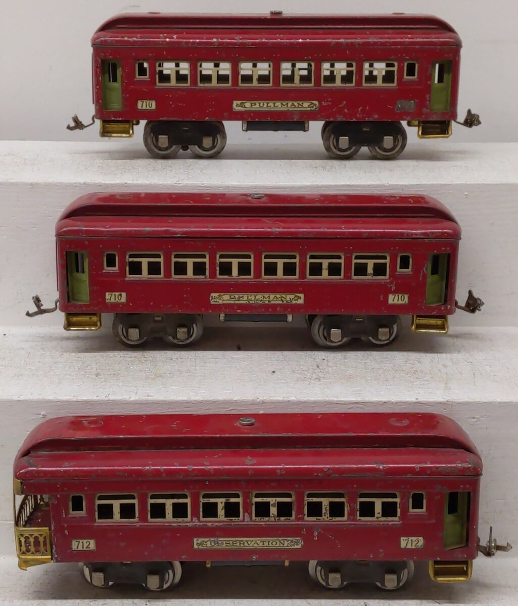 Lionel 710S Vintage O Orange Tinplate Passenger Cars: 710, 710 & 712