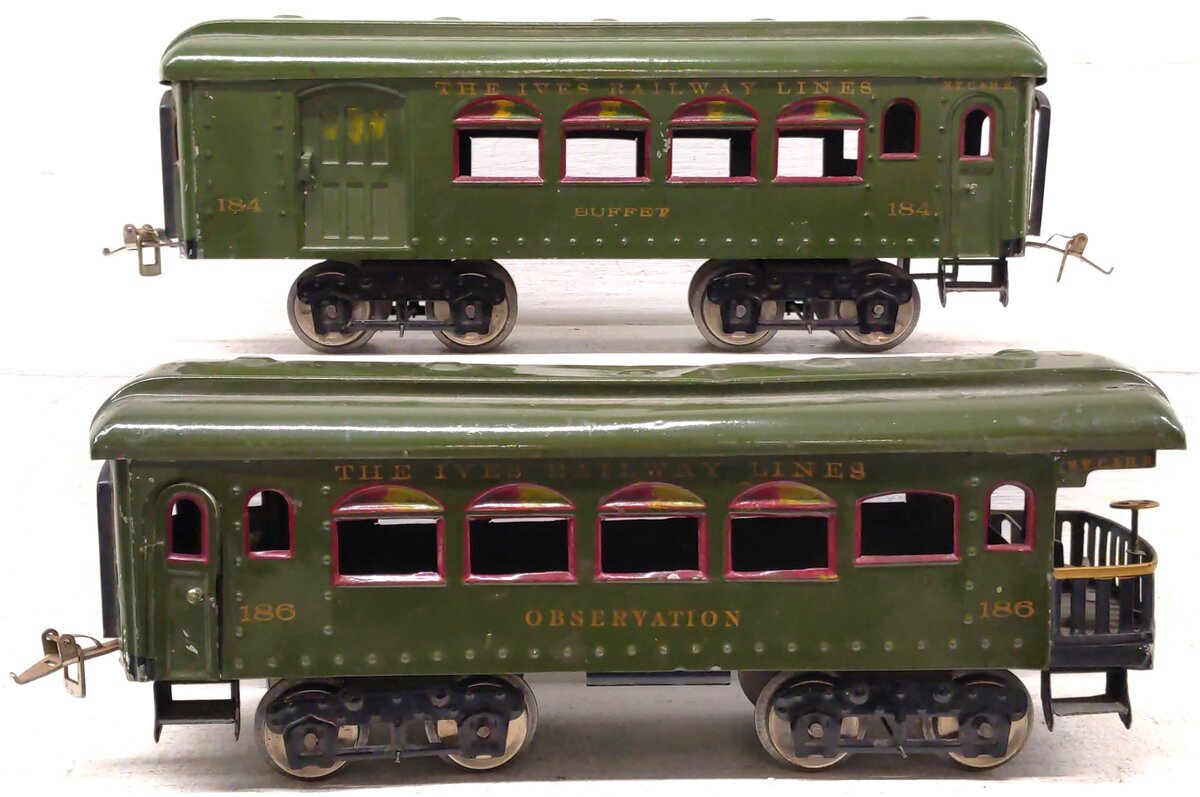 Ives Vintage Standard Gauge Olive Green Passenger Cars: 184, 186 [2]