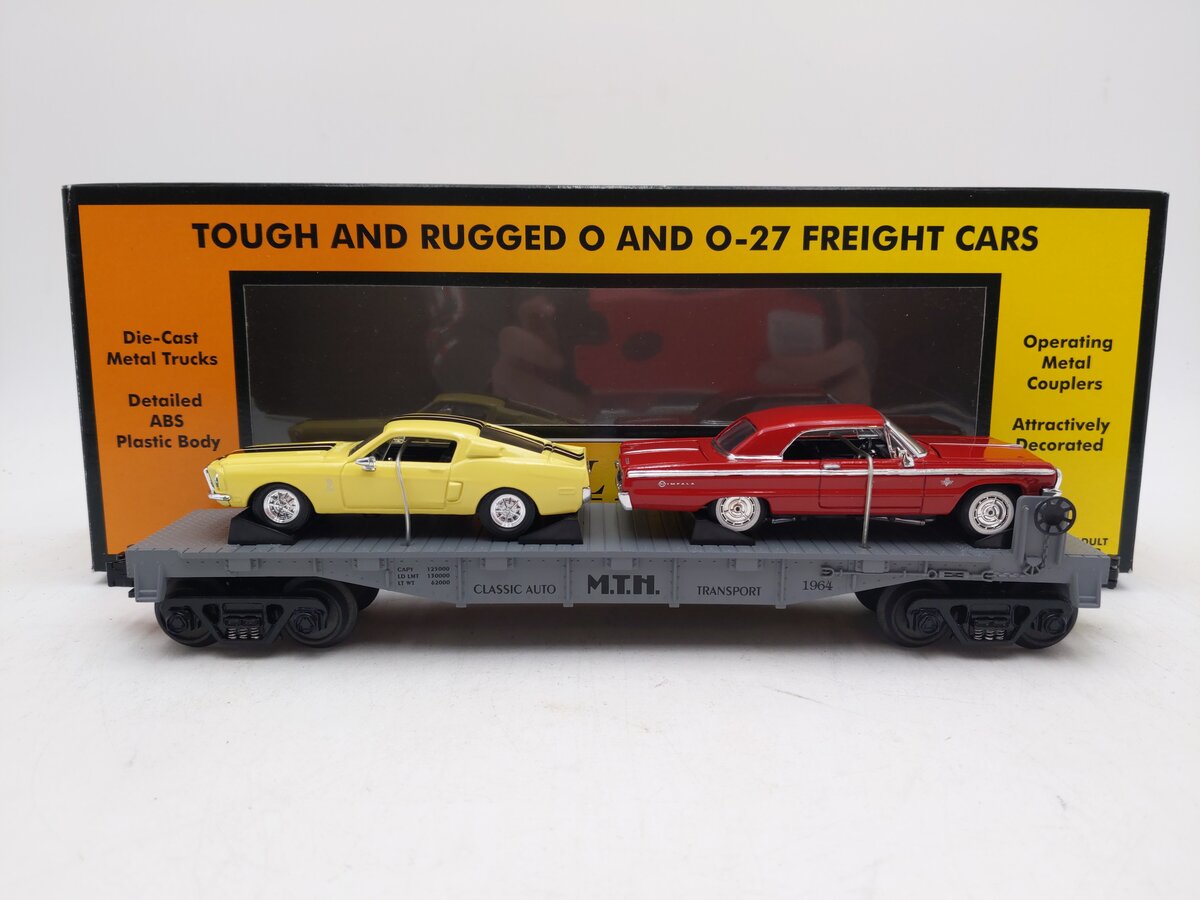 MTH 30-76013 O Gauge Flatcar w/1964 Impala SS & 1968 Ford Shelby GT 500KR Autos EX/Box