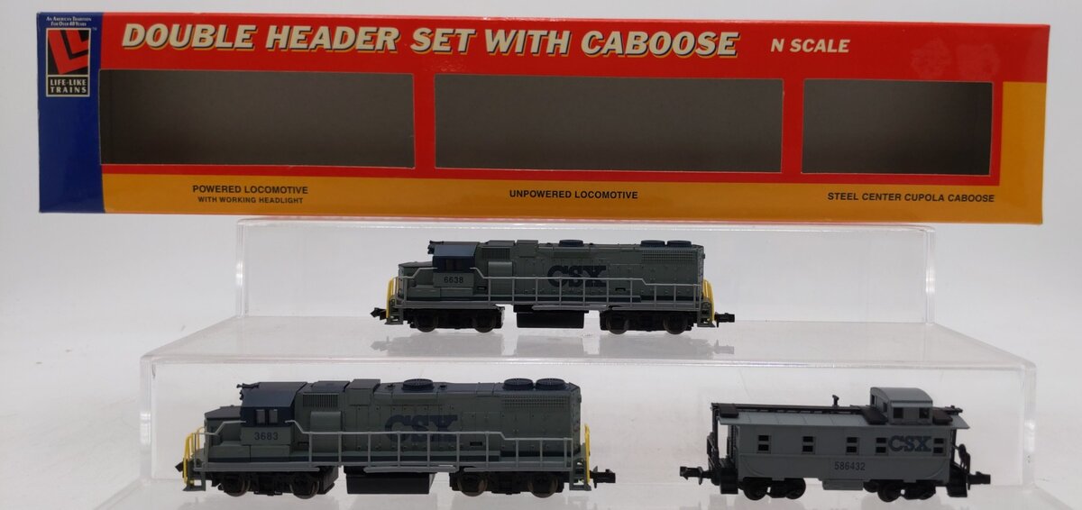 Life Like 7628 39162 N Scale CSX GP38 Locomotive, Dummy Unit & Caboose LN/Box