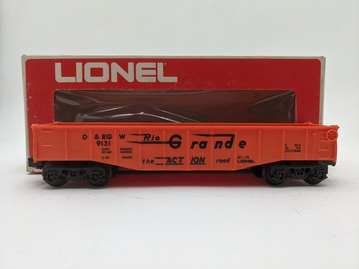 Lionel 6-9131 O Gauge Denver and Rio Grande Western Long Gondola (Orange) EX/Box