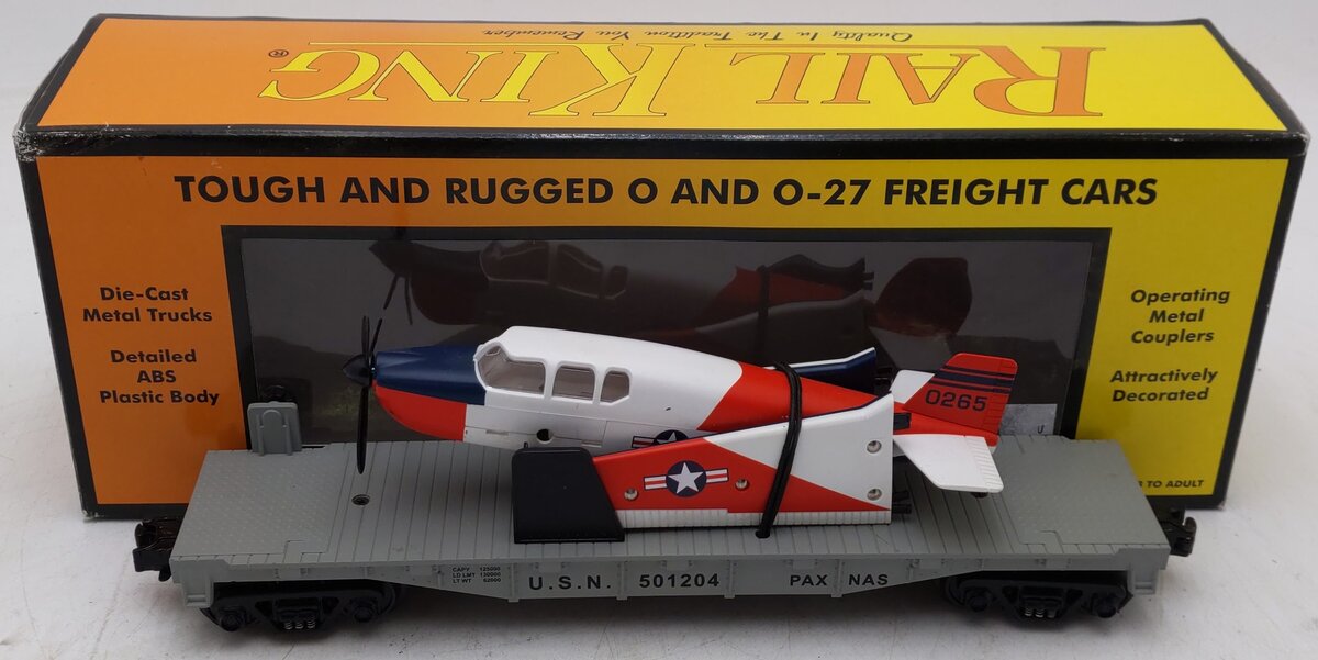 MTH 30-76083 O Gauge U.S. Navy Flat Car w/ Airplane #501204 EX/Box