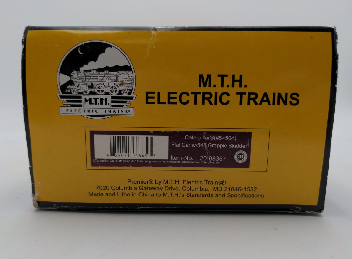 MTH 20-98357 O Caterpillar Flatcar with 545 Grapple Skidder #54504 EX/Box