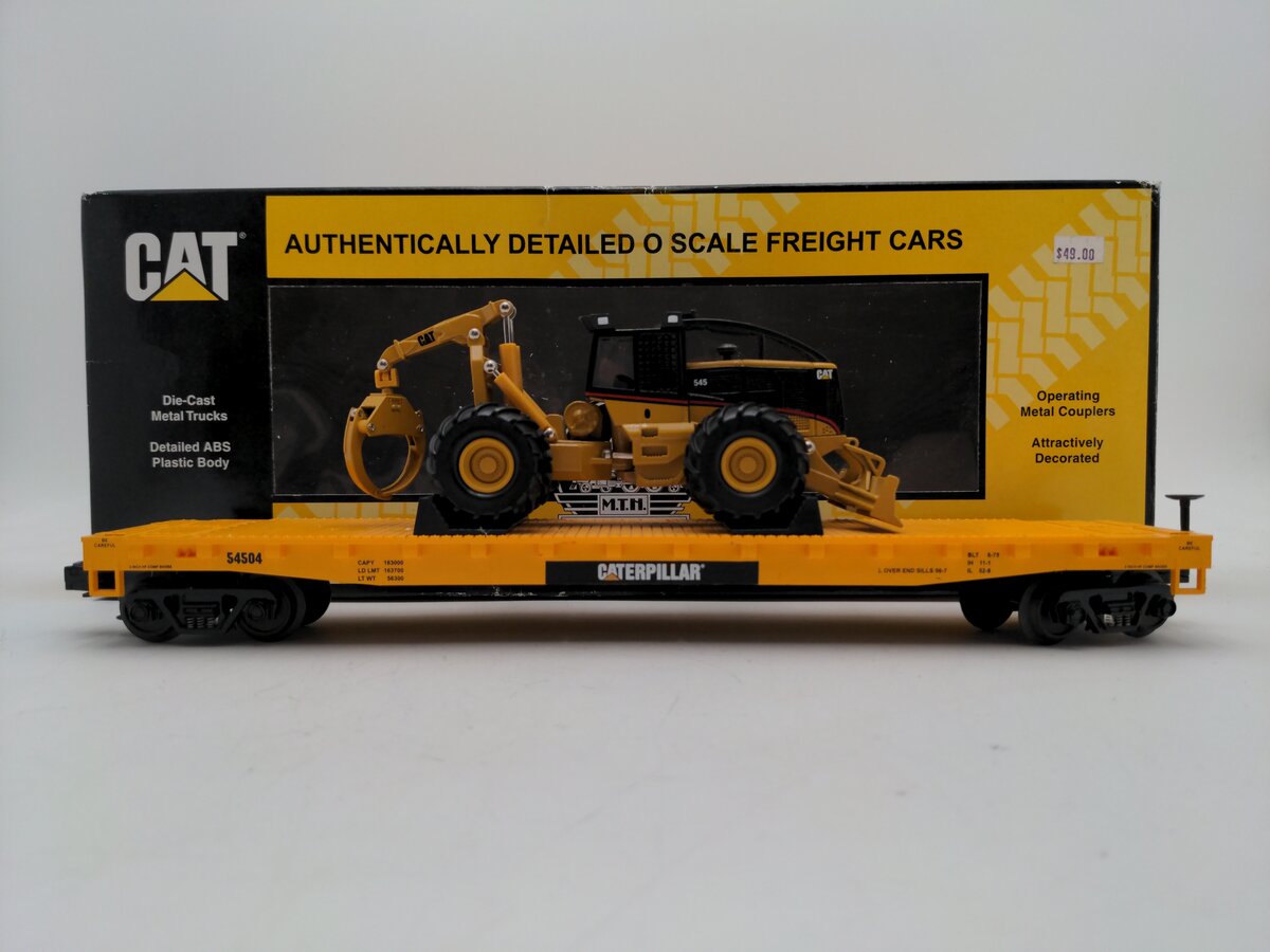 MTH 20-98357 O Caterpillar Flatcar with 545 Grapple Skidder #54504 EX/Box