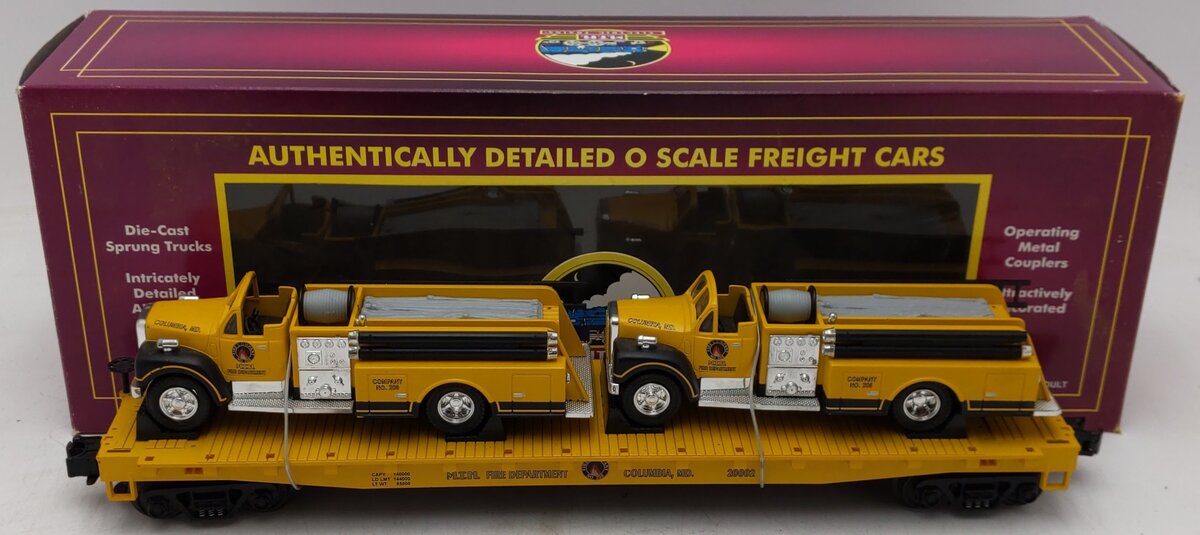 MTH 20-98159 O Gauge MTH Transportation Co Flatcar w/ Yellow Die-Cast Firetrucks EX/Box