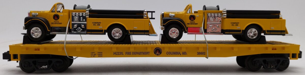MTH 20-98159 O Gauge MTH Transportation Co Flatcar w/ Yellow Die-Cast Firetrucks EX/Box