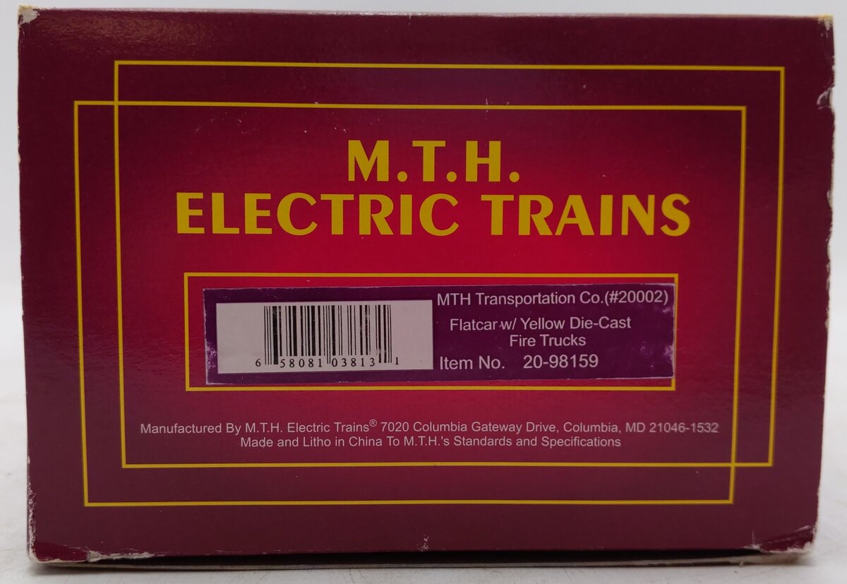 MTH 20-98159 O Gauge MTH Transportation Co Flatcar w/ Yellow Die-Cast Firetrucks EX/Box