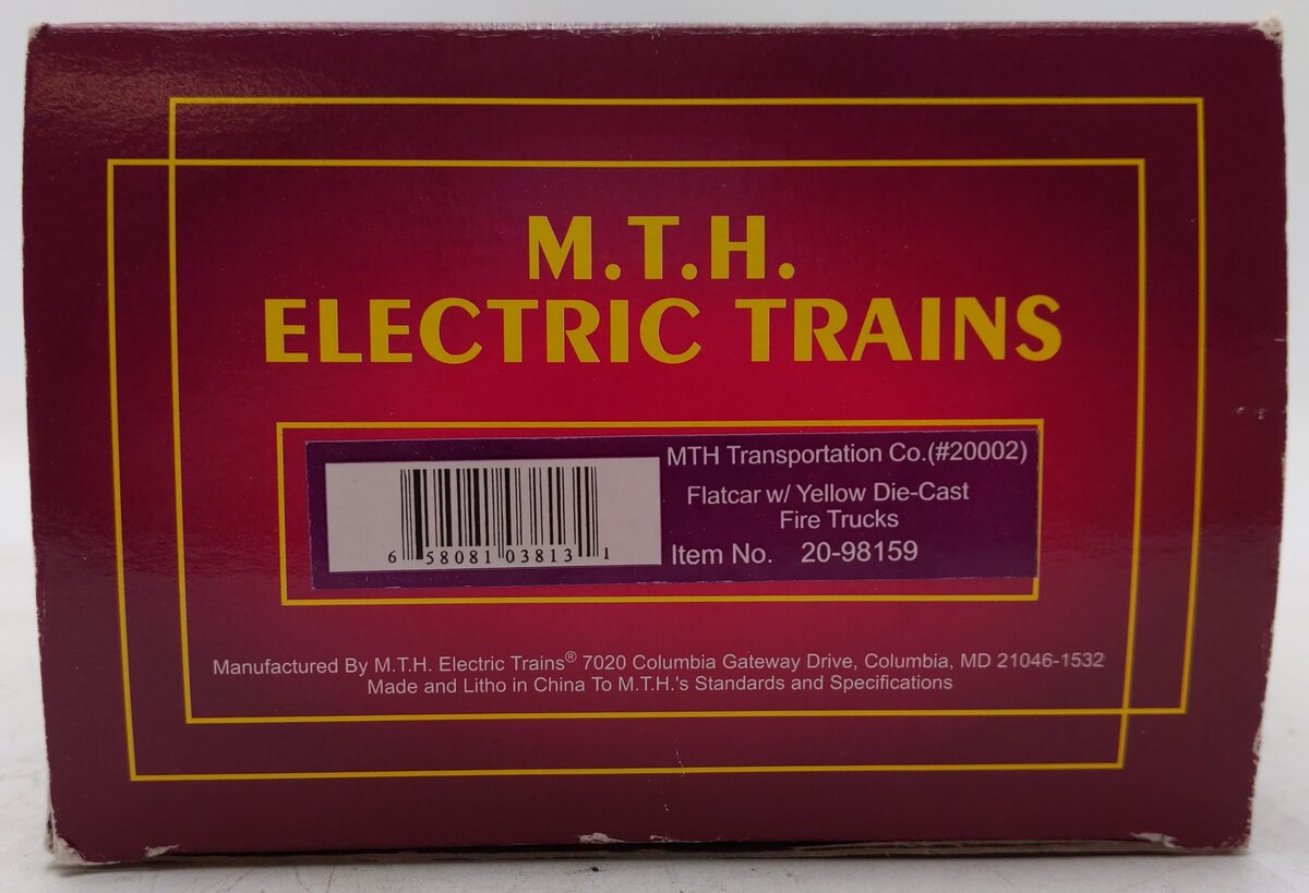 MTH 20-98159 O Gauge MTH Transportation Co Flatcar w/ Yellow Die-Cast Firetrucks EX/Box