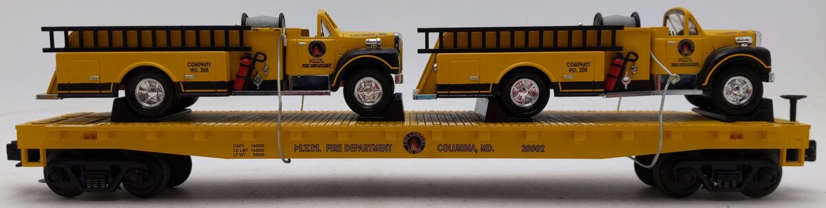 MTH 20-98159 O Gauge MTH Transportation Co Flatcar w/ Yellow Die-Cast Firetrucks EX/Box