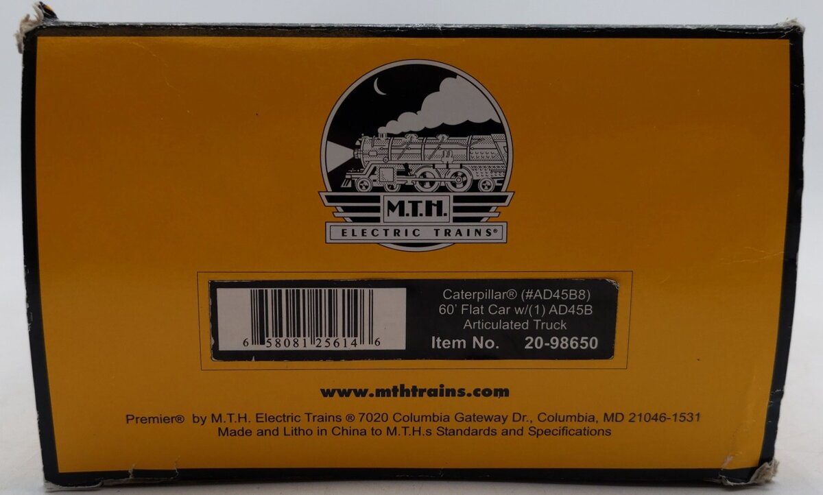 MTH 20-98650 Caterpillar 60’ Flat Car w/CAT AD45B Articulated Truck EX/Box