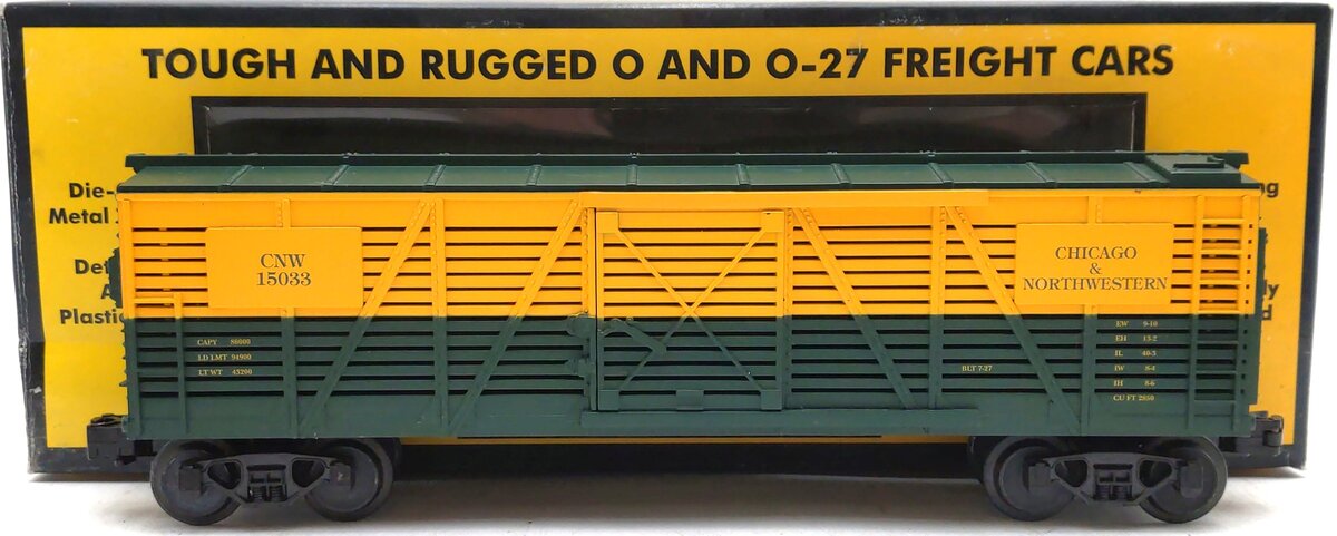 MTH 30-7109 O Gauge CNW Yellow & Green Semi-Scale Stock Car #15033 LN/Box