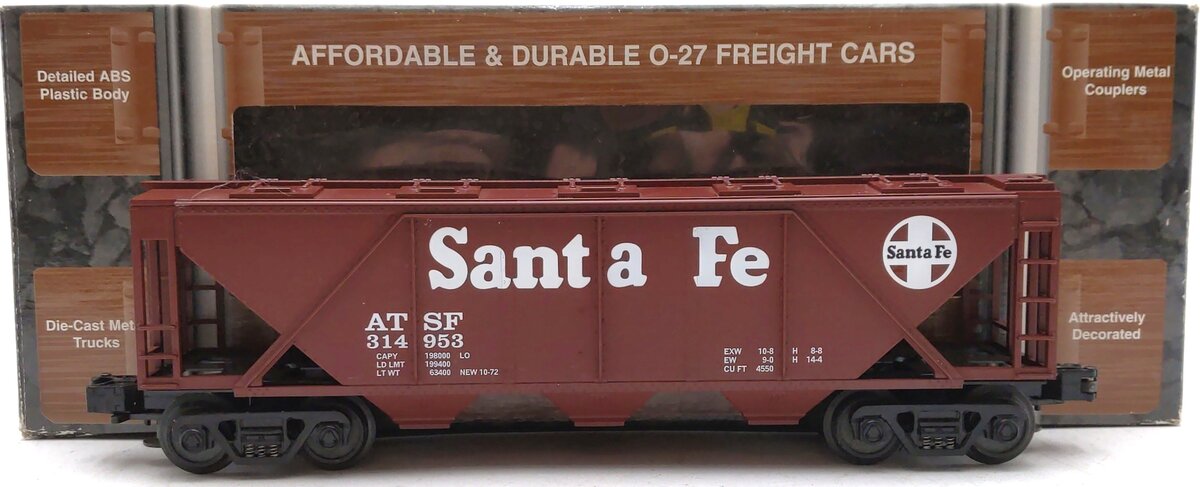 MTH 33-7504 O Gauge Santa Fe 3-Bay Covered Hopper #314953 LN/Box