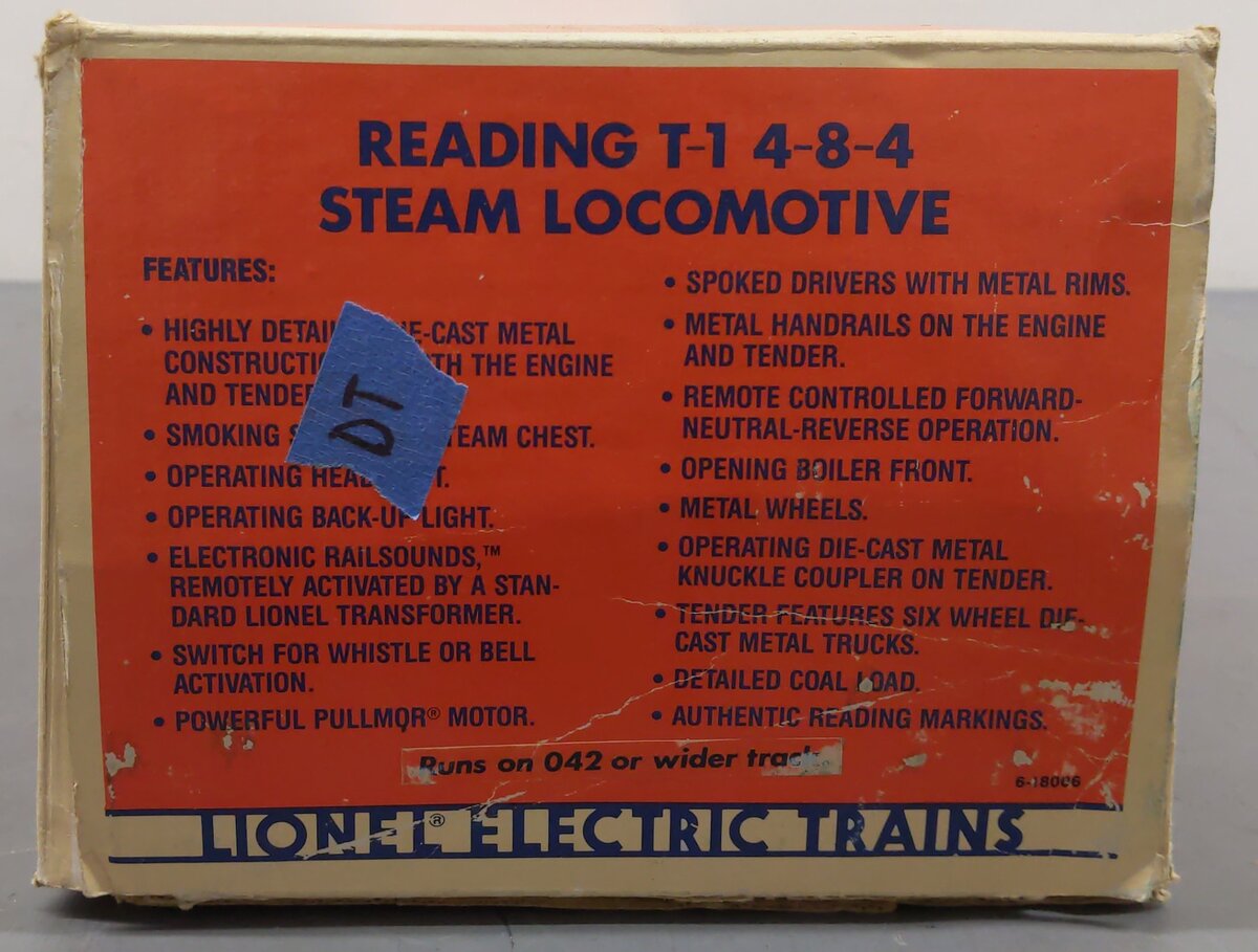 Lionel 6-18006 O Gauge Reading T-1 4-8-4 Steam Locomotive & Tender #2100 EX/Box