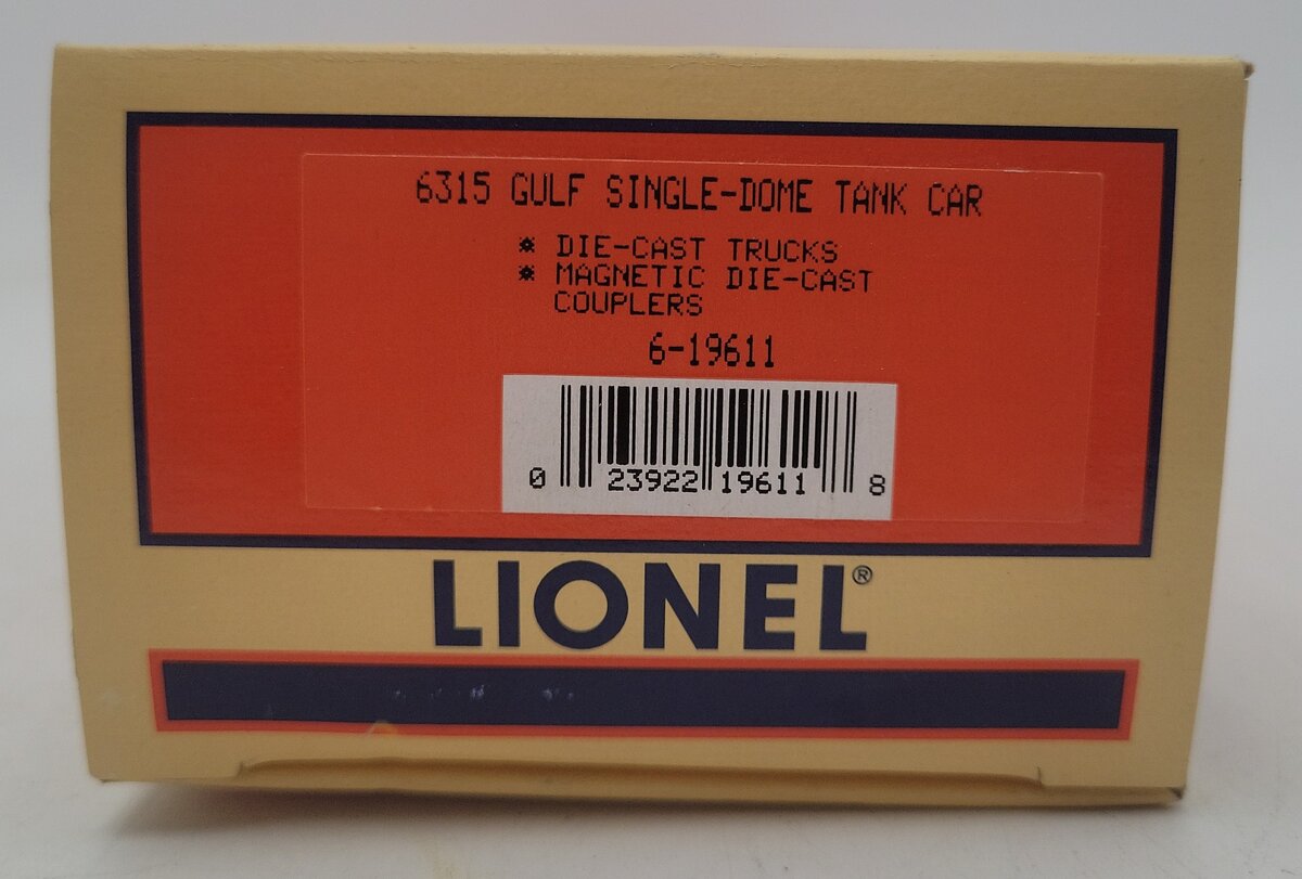 Lionel 6-19611 O Gauge Gulf Single Dome Tank Car #6315 EX/Box