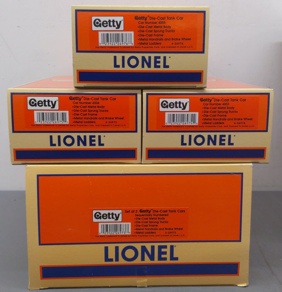 Lionel 6-26973 O Gauge Getty Single Dome Tank Car 3-Pack Set LN/Box
