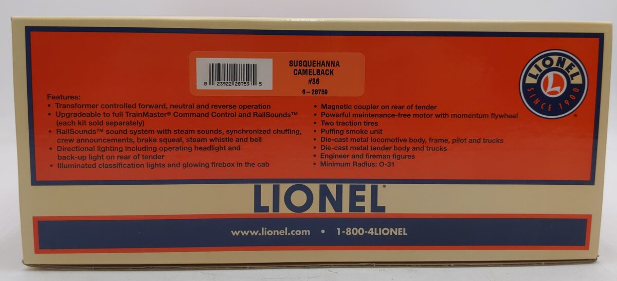 Lionel 6-28759 O Susquehanna 4-6-0 Camelback Steam Locomotive w/Tender #36 LN/Box