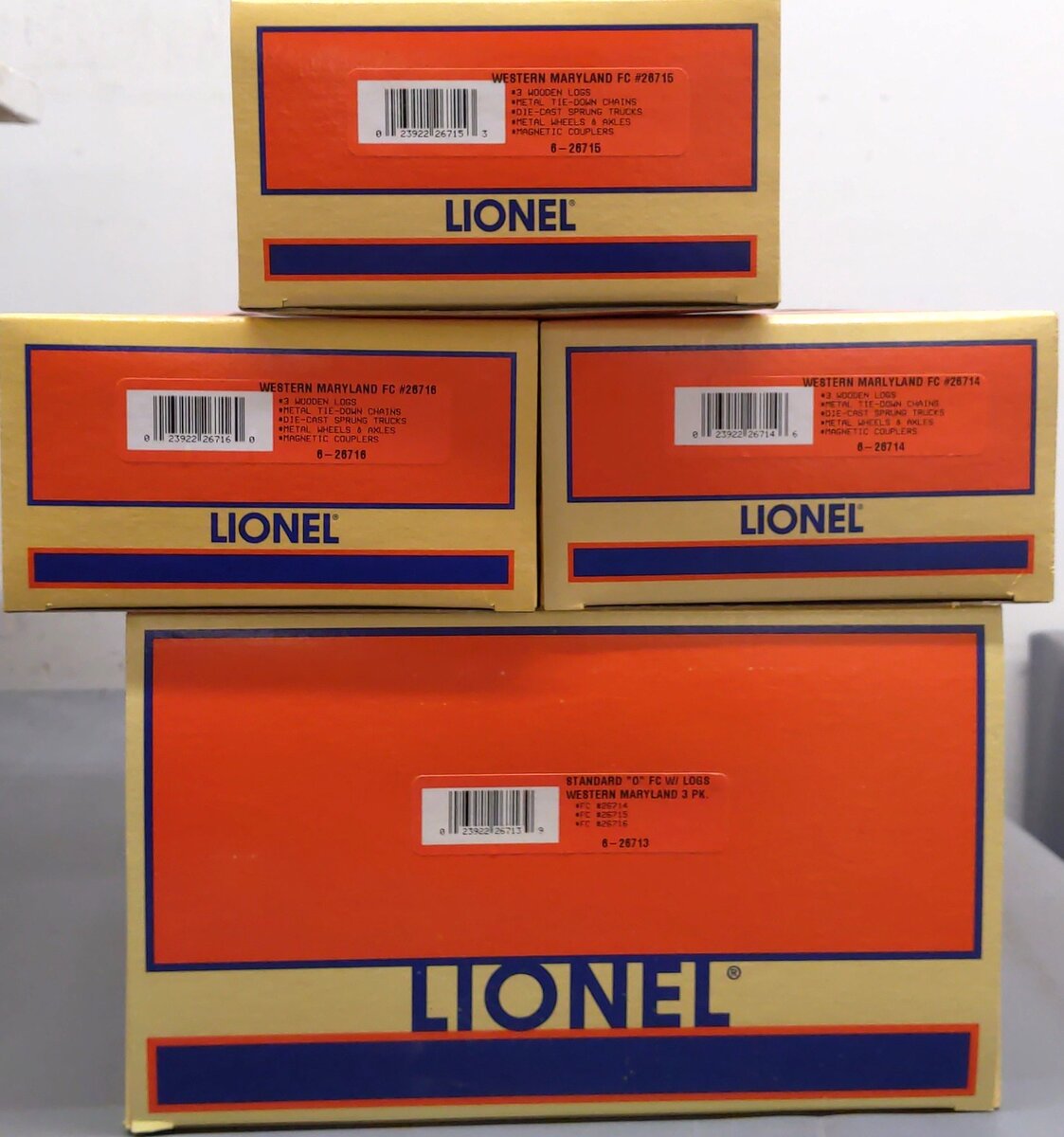 Lionel 6-26713 O Gauge Western Maryland 3-Car Standard Flatcars w/Log Loads Set NIB