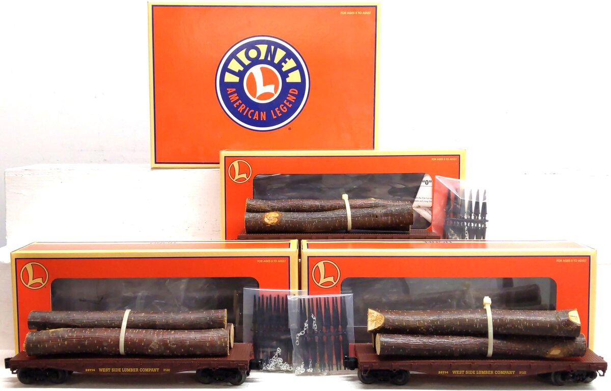 Lionel 6-26713 O Gauge Western Maryland 3-Car Standard Flatcars w/Log Loads Set NIB