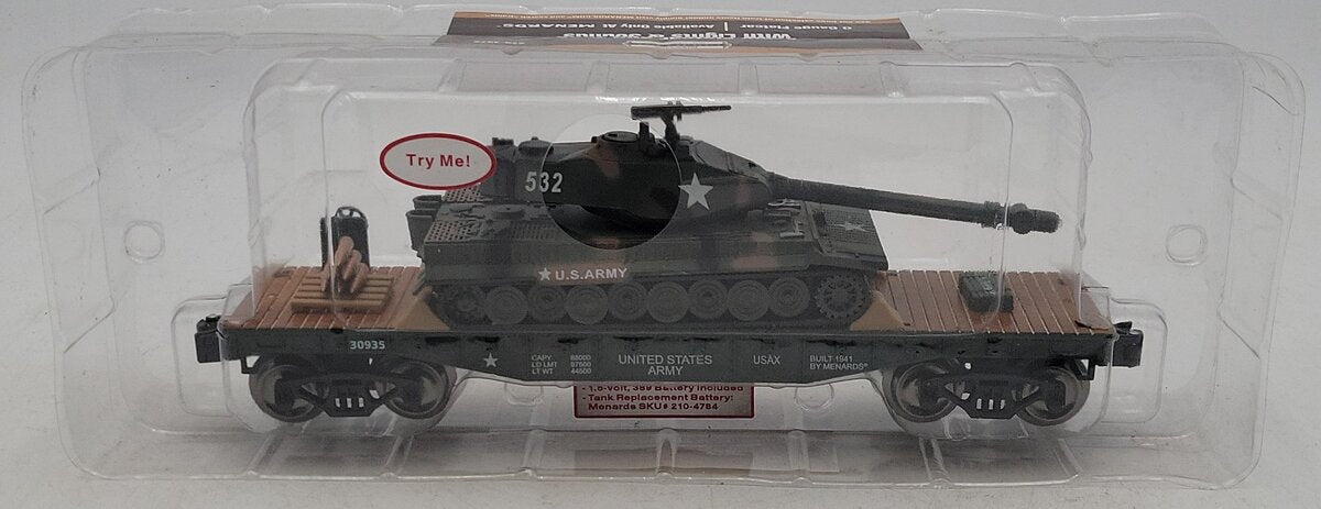 Menards 279-3572 O Gauge  U.S. Army Flat Car w/ Operating Sounds Tank NIB