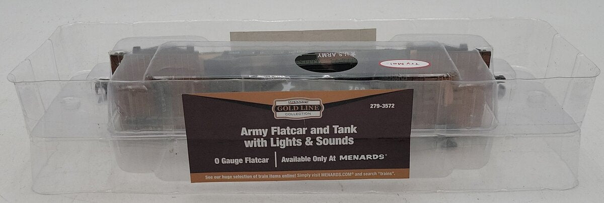 Menards 279-3572 O Gauge  U.S. Army Flat Car w/ Operating Sounds Tank NIB