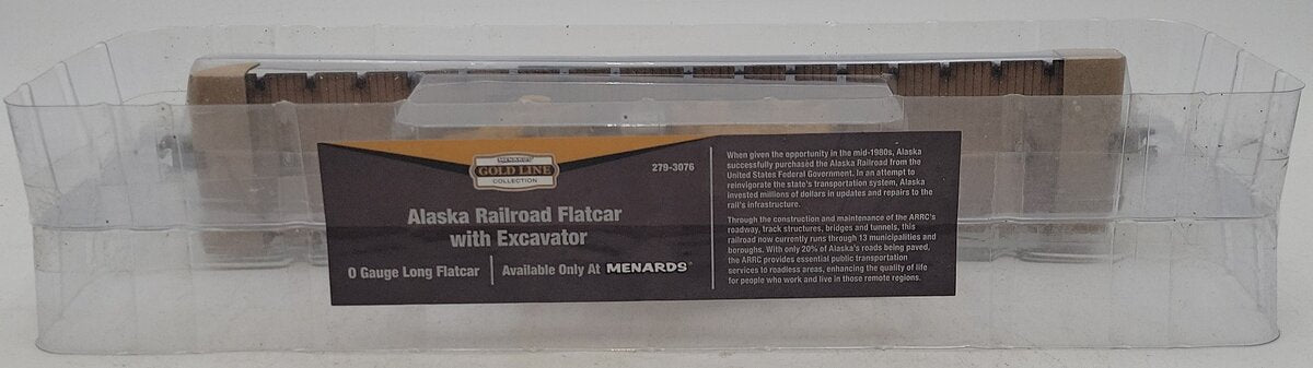 Menards 279-3076 O Gauge Alaska Long Flatcar with Excavator #07933 NIB