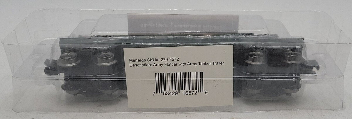 Menards 279-3572 O Gauge U.S. Army Flat Car w/ US Army Tanker Trailer NIB