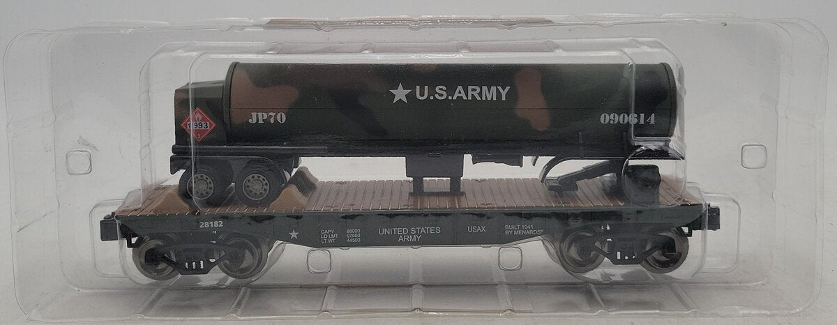 Menards 279-3572 O Gauge U.S. Army Flat Car w/ US Army Tanker Trailer NIB