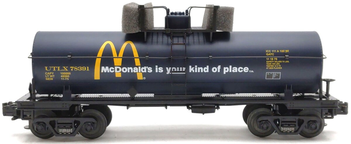 MTH 30-7327 O Gauge McDonalds Black Single Dome Tank Car #78391 LN/Box