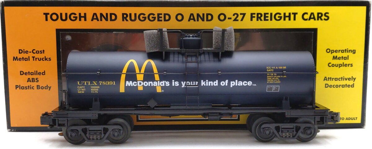 MTH 30-7327 O Gauge McDonalds Black Single Dome Tank Car #78391 LN/Box