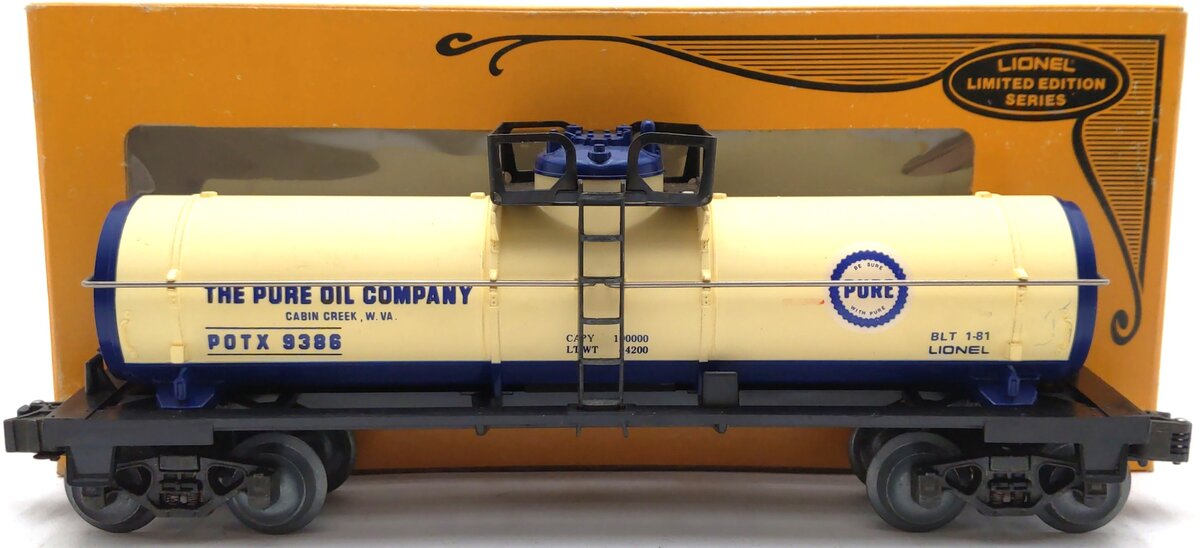 Lionel 6-9386 O Gauge Pure Oil Single Dome Tank Car EX/Box