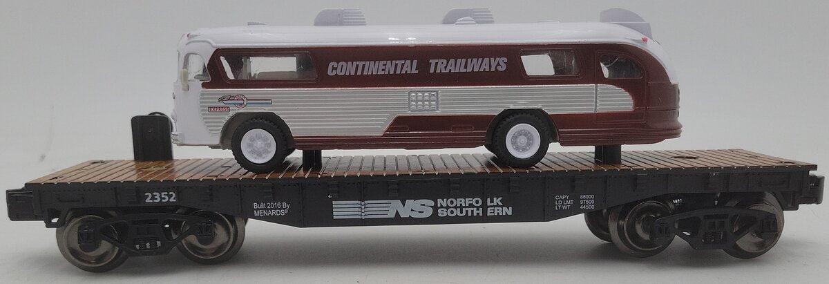 Menards 279-3377 O Gauge Norfolk Southern Flatcar w/ Continental Trailways Bus EX