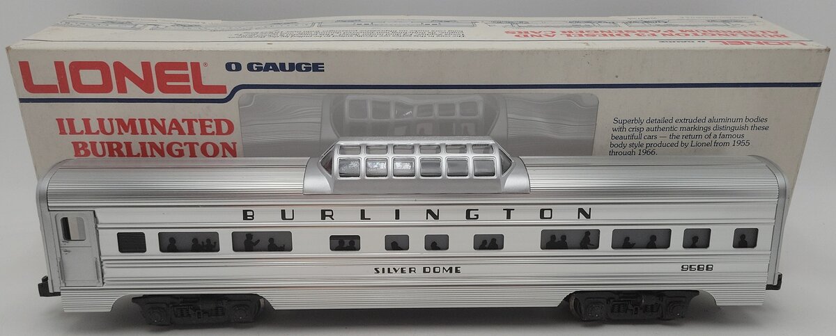 Lionel 6-9588 O Gauge Burlington Aluminum "Silver Dome" Vista Dome Passenger Car EX/Box