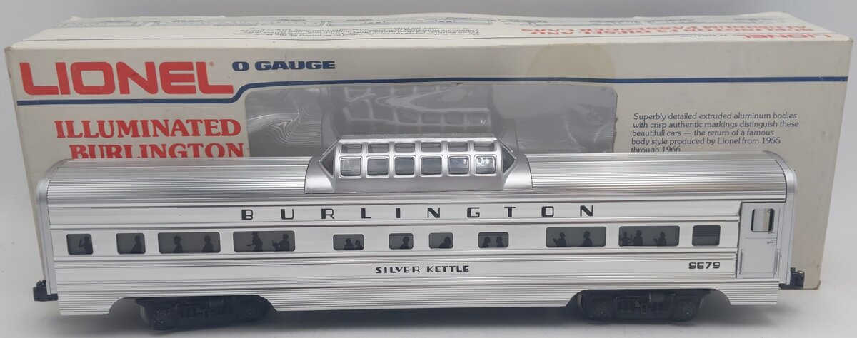Lionel 6-9579 O Gauge Burlington "Silver Kettle" Aluminum Vista Dome Car EX/Box
