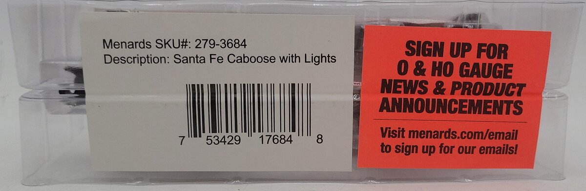 Menards 279-3684 O Gauge Santa Fe Caboose w/ Lights NIB