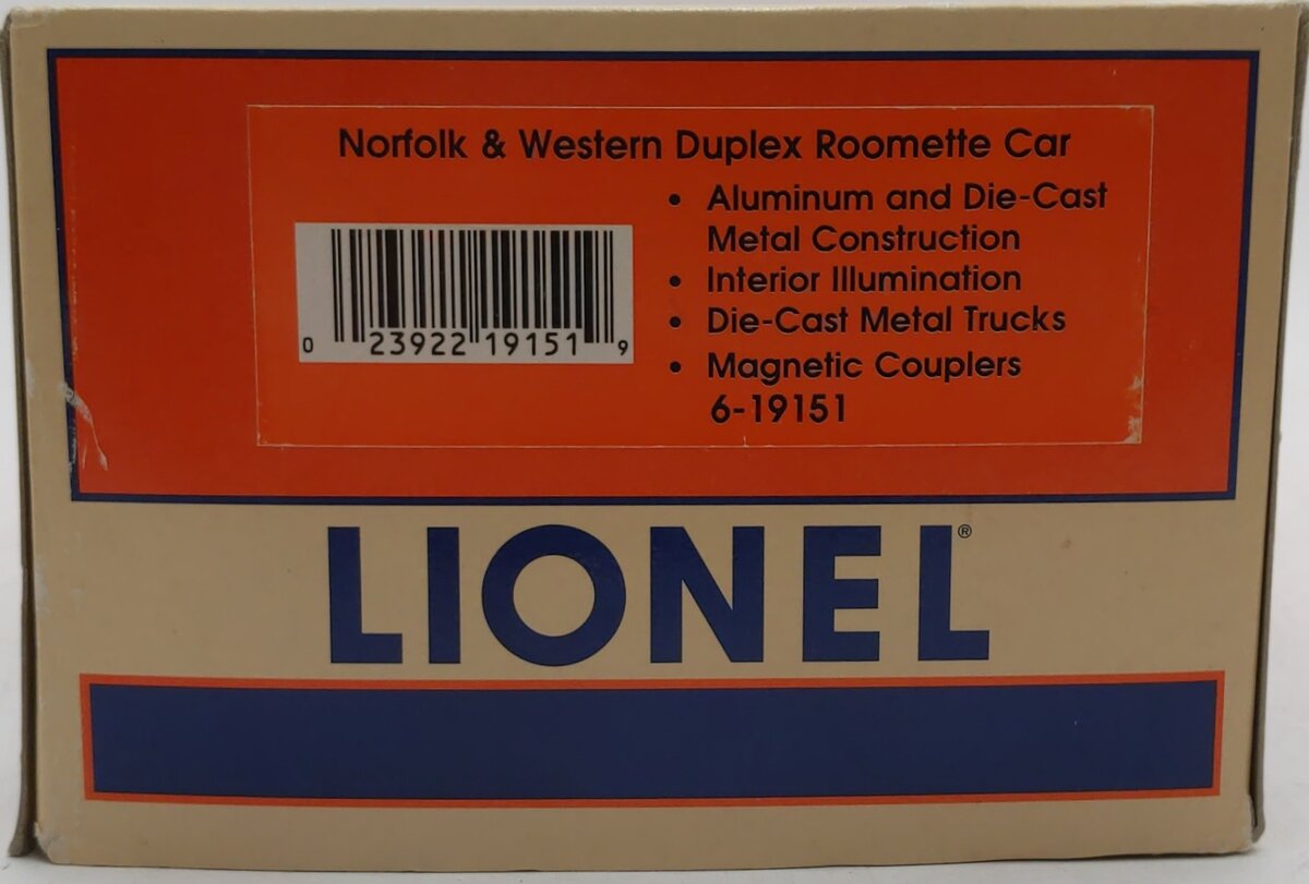 Lionel 6-19151 O Gauge Norfolk & Western "Sussex County" Duplex Roomette Car EX/Box