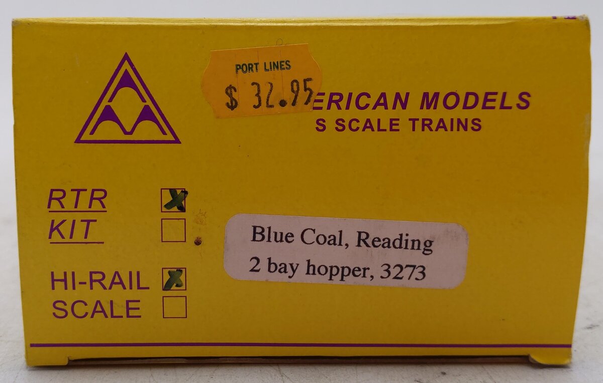 American Models 3273 S Gauge Reading Blue Coal 2-Bay Hopper #109837 EX/Box