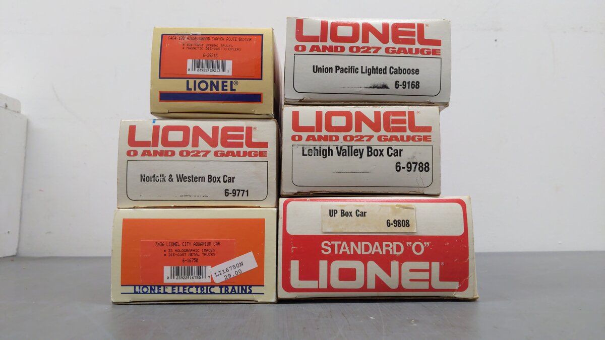 Lionel O Assorted Freight Cars 6-9168, 6-16750, 6-9808, 6-29213, 6-9788 [6] VG/Box