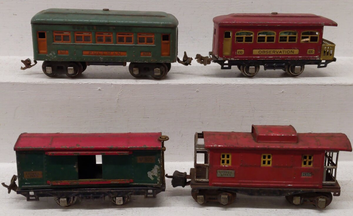 Lionel Prewar O Tinplate Assorted Cars 805, 2657, 630, 607 [4]