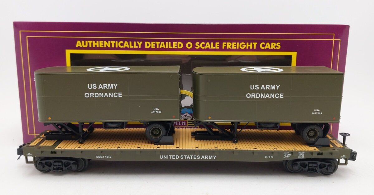 MTH 20-95406 O Gauge U.S. Army Flatcar w/ 2 PUP Trailers #1949 LN/Box
