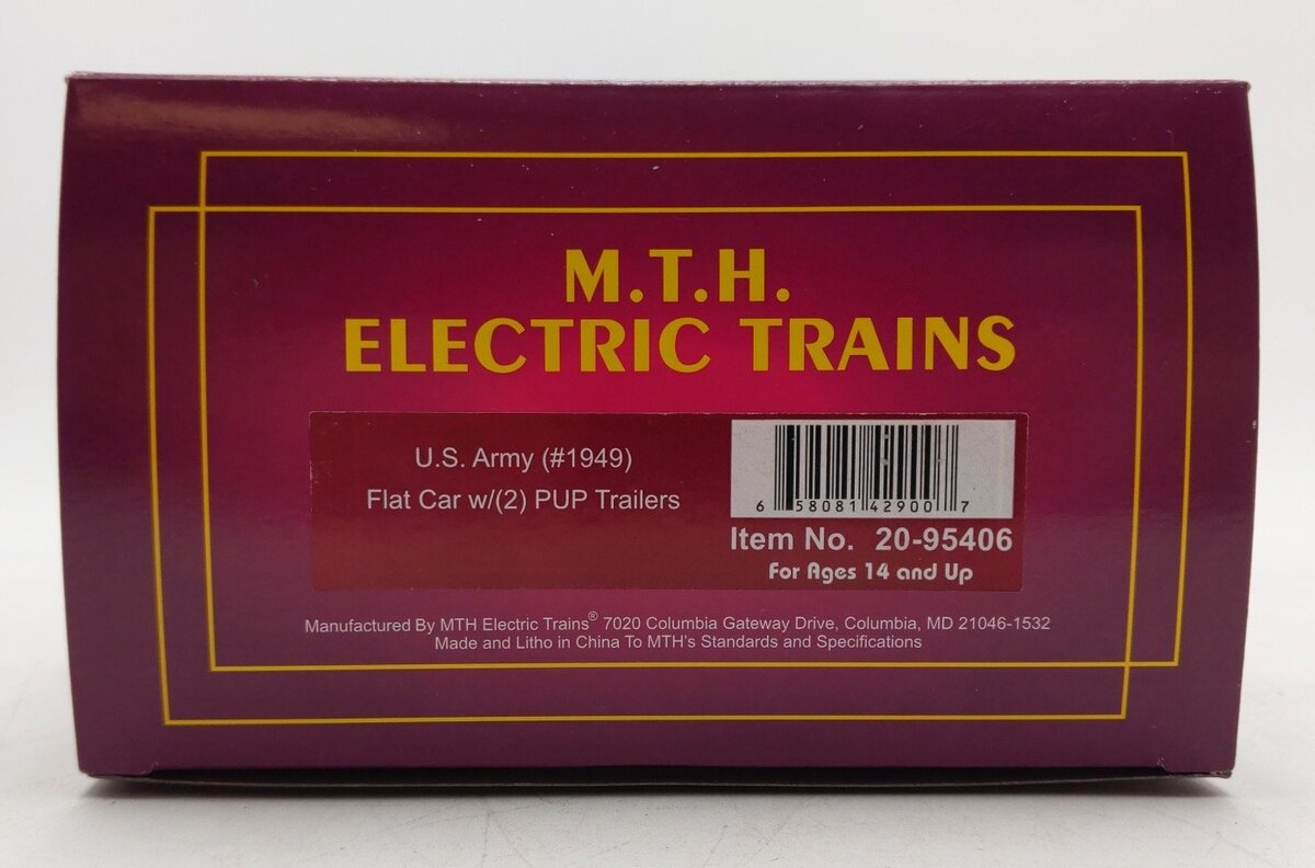 MTH 20-95406 O Gauge U.S. Army Flatcar w/ 2 PUP Trailers #1949 LN/Box