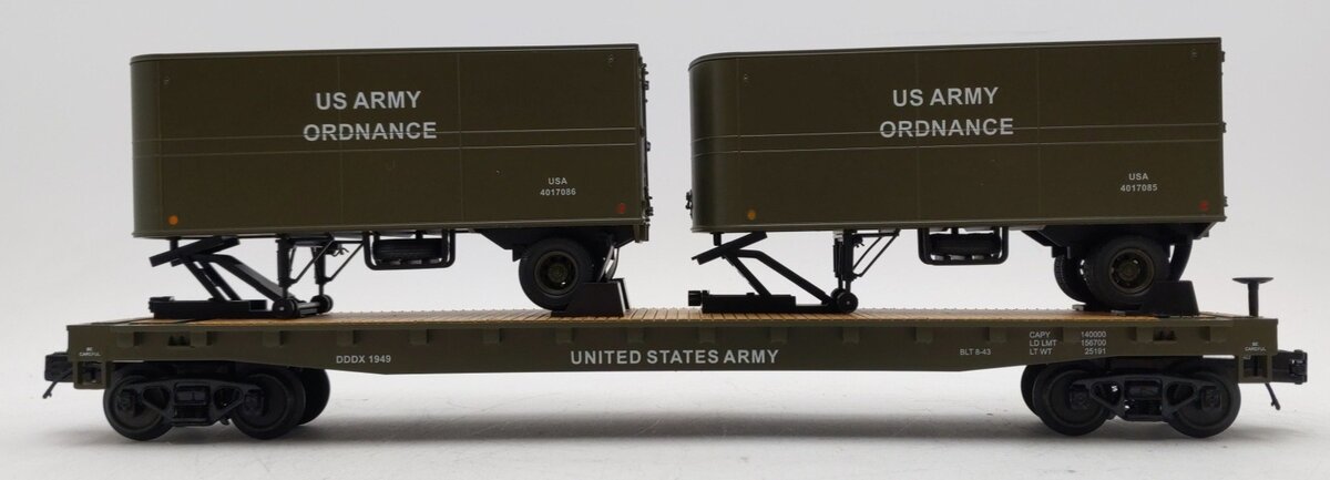 MTH 20-95406 O Gauge U.S. Army Flatcar w/ 2 PUP Trailers #1949 LN/Box