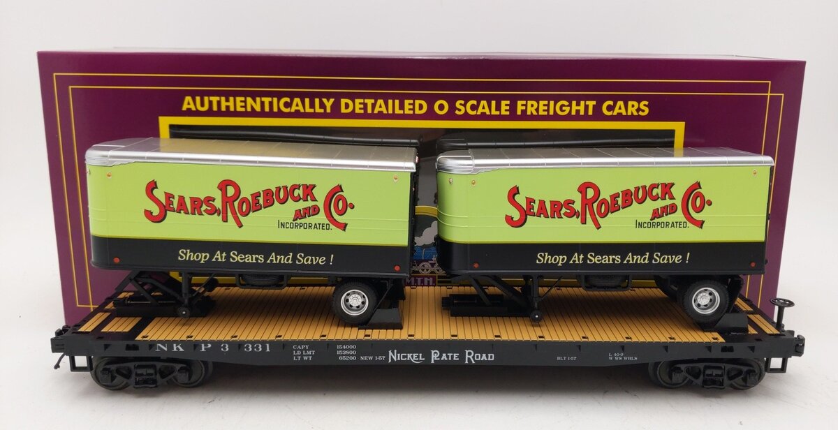 MTH 20-95407 O Gauge Nickel Plate Road Flatcar w/2 PUP Trailers #3331 LN/Box