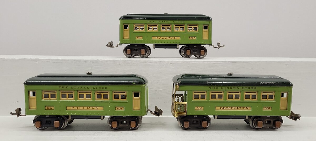 Lionel 607S Vintage O Prewar Two Tone Green Passenger Car Set: 607 607 608 VG
