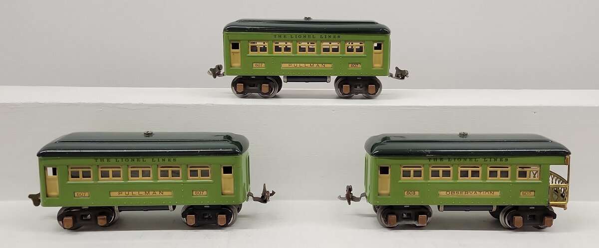 Lionel 607S Vintage O Prewar Two Tone Green Passenger Car Set: 607 607 608 VG