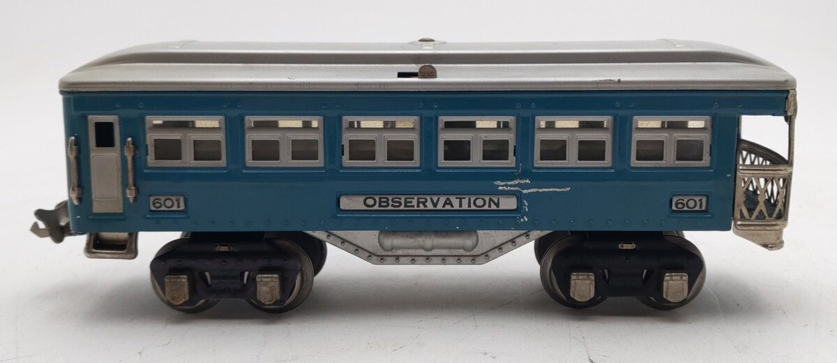 Lionel 601 Vintage O Prewar Blue Tinplate Pullman Observation Passenger Car VG
