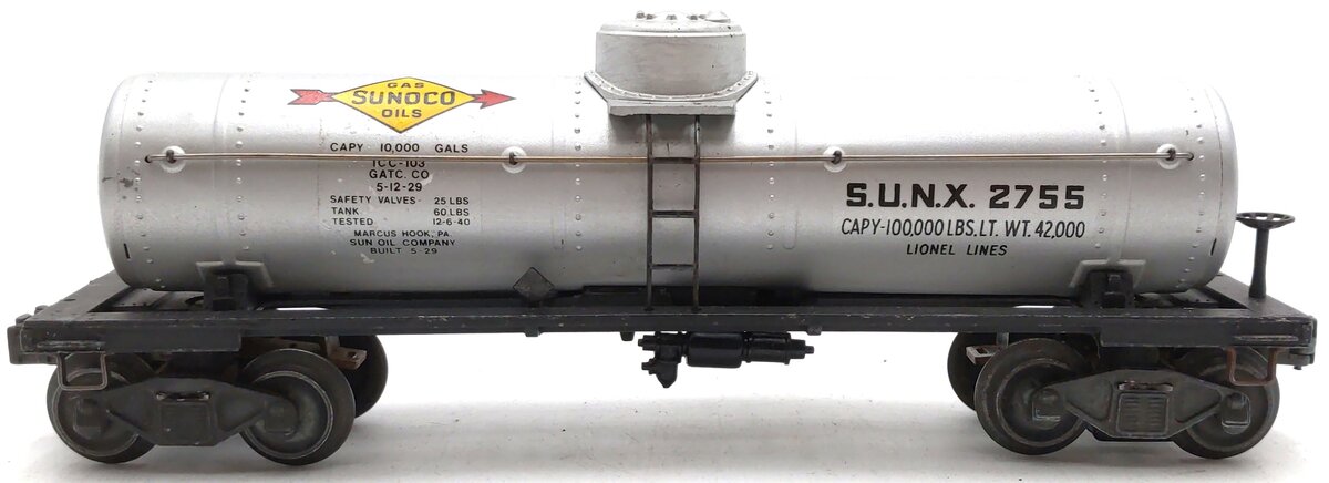 Lionel 2755 Vintage O Prewar Sunoco Metal Single Dome Tank Car